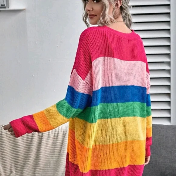 Button Front Drop Shoulder Rainbow Stripe Cardigan - Picture 2 of 7